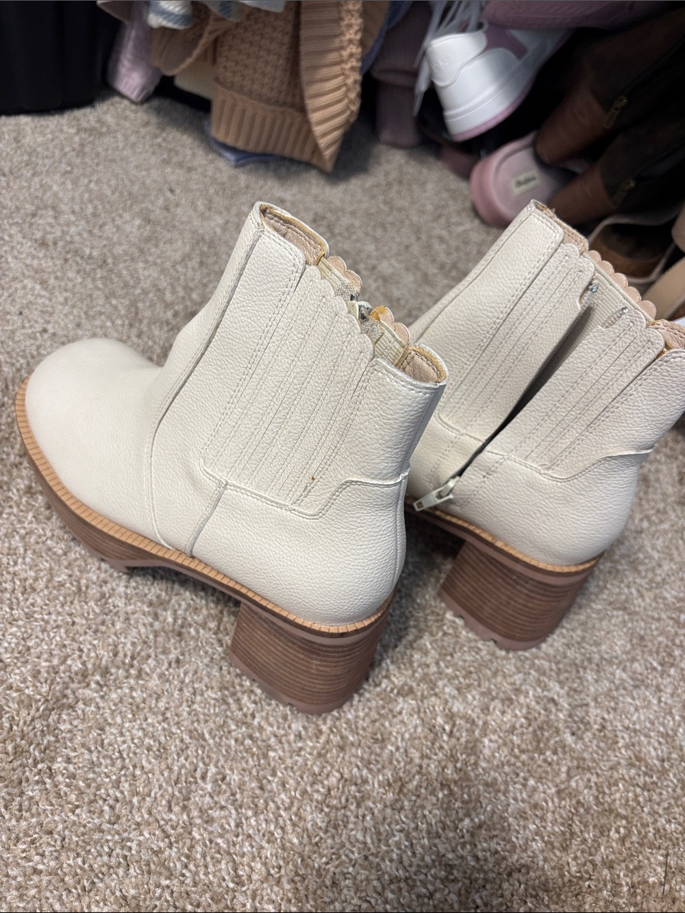 Cream Textured Ankle Booties with Stacked Heel